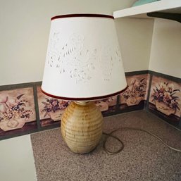 Signed Pottery Lamp With Punched Paper Shade With Owls (Exercise Room)