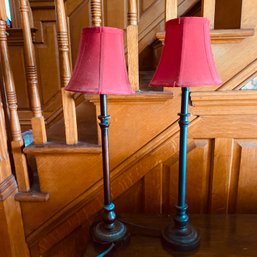 Pair Of Table Lamps With Small Red Shades (front Door Entry)