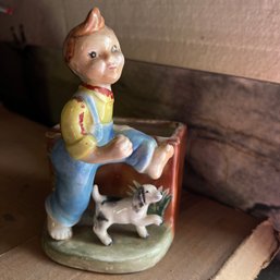 Vintage Ceramic Holder With Boy And Dog (basement Entry)