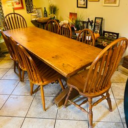 Beautiful Vintage Naturally Distressed Wooden Trestle Farm Table With Eight Chairs (Dining Room)