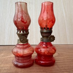 Pair Of Tiny Red Painted Oil Lamps (OA)