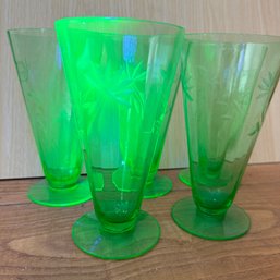 Set Of Five Vintage Uranium Glass Footed Tumblers, One Chip (OA)