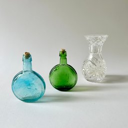 Two Vintage Wheaton Glass Colored Mini Bottles And One Crystal Bud Vase (CN)