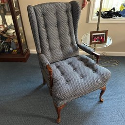 Vintage Blue Patterned Wing Back Chair W/ Removable Seat Cushion (Master Bedroom)