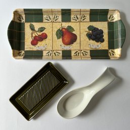 Trio Of Kitchen Decor: Green Vegetable Tray, Green Butter Dish, White Spoon Rest (CN)