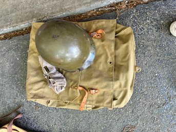 3 Vintage Pieces Of Military Memorabilia, Helmet, Backpack, Fork Pack (Garage)