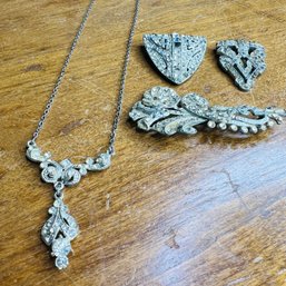 Vintage Silver Tone Necklace, Clips And Brooch (KM7)