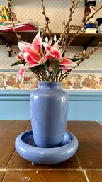 Lovely Blue Glazed Ceramic Vase With Footed Bowl & Faux Florals (kitchen)