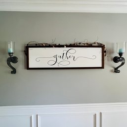 'Gather' Wood Sign And Wall Sconces (Dining Room)