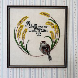 Vintage Framed Embroidery With Sparrow (Master Bedroom)