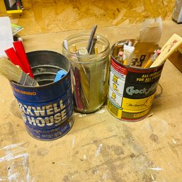 Tins And Mason Jar With Pencils, Paint Brushes, And Tool Picks (Zone 3)