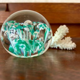 Vintage Sea Green Bubble Glass Paperweight And White Coral (DR)