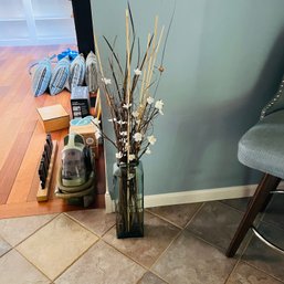 Tall Glass Jar With Faux Foliage (Living Room)