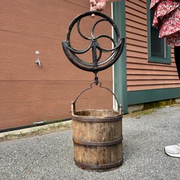 Vintage Well Cast Iron Pulley & Wooden Bucket