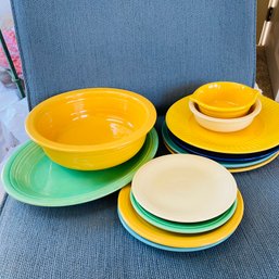 Fiestaware And Unmarked Colorful Dinnerware Plates And Crocks (Mudroom)
