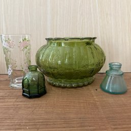 Assorted Glassware Incl. Cone Inkwell, Green Glass, & Floral (OA)