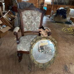 Vintage Carved Wood Armchair And As-Is Federal Eagle Mirror (Barn UP)