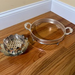 Vintage Footed Silver Plate Serving Dish & 3-Piece Silver Plate Flower Frog (DR)