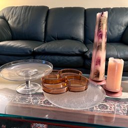 Misc Decor Lot: Large Pillar Candles, Decorative Glassware, Acrylic MCM Tray (upstairs)