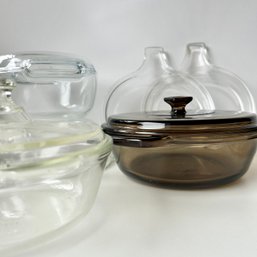 Vintage PYREX / ANCHOR HOCKING Glass Bakers, Etched Lid Design, Brown Tone, Etc