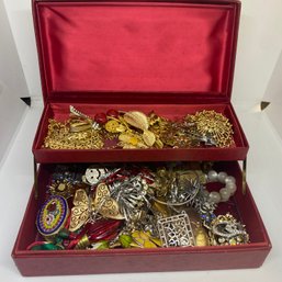 Box Of Vintage Costume Jewelry With Brooches, Pins, Necklaces (SA126)