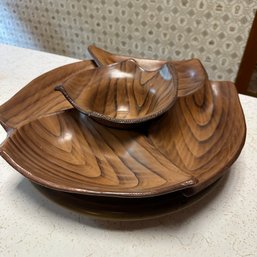 Vintage Three-Piece 'Wood' Toned Ceramic Serving Dishes On Lazy Susan (Kitchen)