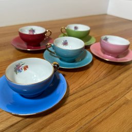 Five M&R Made In France Colorful Demitasse Tea Cups With Saucers (DR)