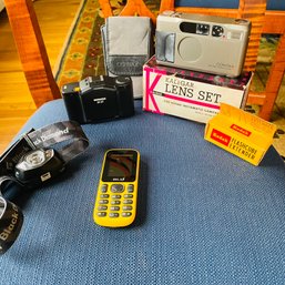 Vintage Tech Lot - Cameras And Accessories, Cell Phone, And Modern Headlamp (Dining Room)