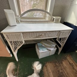 White Wicker Desk With Drawer (Office)