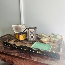 Vintage Wood Inlay Tray With Geodes, Kodak Duaflex IV Camera And Other Items