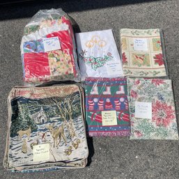 Vintage Holiday Tablecloths, Runners, Tree Skirt, And Pillow Covers (NK)