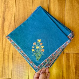 Set Of 6 Vintage Cloth Napkins, Blue With Floral (Bed1)