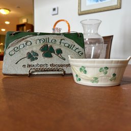 Vintage Irish BELLEEK Porcelain Shamrock Bowl With Irish Blessings Sign (sign Has Been Repaired) (DR)