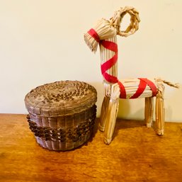 Pair Of Straw Decor: Lidded Basket & Ribboned Deer (kitchen)