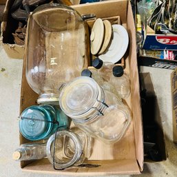 Assorted Glass Jars And Pottery Lids