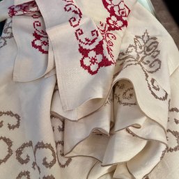 Pair Of Small Vintage Embroidered Linen Table Coverings - See Photos For Sizes & Wear & Tear (upstairs)