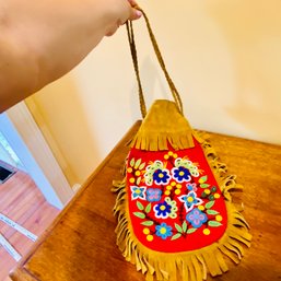 Vibrant Beaded & Fringed, Suede Shoulder Bag In Nice Condition! (kitchen)