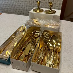 Antoinette Stainless By Presentation Gold-Toned Cutlery & Pair Of Vintage Brass Candlesticks (Kitchen)