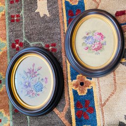 Pair Of Vintage Framed Floral Needle Point Art (Dining Room)