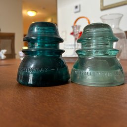 Pair Of Vintage Blue Green Glass Insulators (DR)