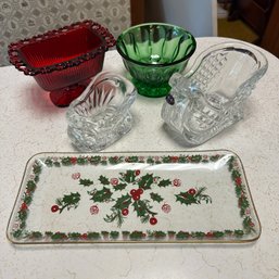 Vintage Red & Green Glass Candy Dishes, Holiday Tray, & Crystal Sleighs (Kitchen)