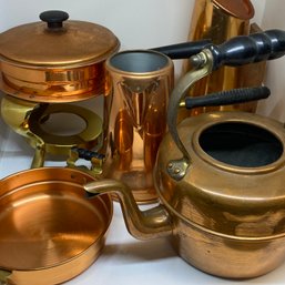 Vintage Copper-like Lot Incl. Teapot (no Lid), Small Chafing Dish, Pitcher (SA144)