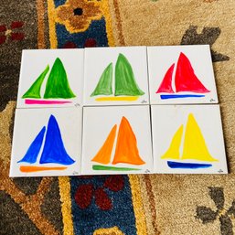 Six Hand-Painted Sail Boat Tile Coasters (Dining Room)