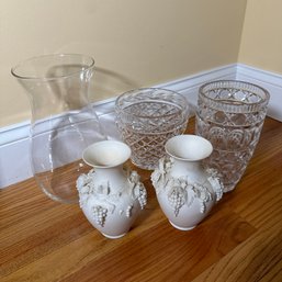 Five Vases Including Clay With Grapes & Heavy Glass - See Description (DR)