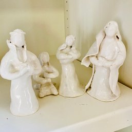 4 White Handmade Ceramic Figurines, Possibly Nativity Scene (LR)