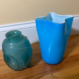 Signed Blue Glass Vase And Wavy Edge Blue & White Vase (DR)