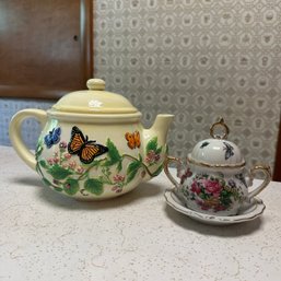 Vintage Unmarked Ceramic Sugar Bowl & Dish, And Teapot W/ Butterflies (Kitchen)