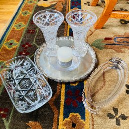 Assorted Decorative Cut Glass Dinnerware Pieces And Metal Serving Tray (Dining Room)