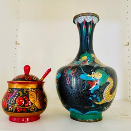 Pair Of Light Weighted Asian Themed Vase And Sugar Bowl (LR)