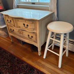 Adorable Vintage Painted Small Dresser And White Stool (Dining Room)